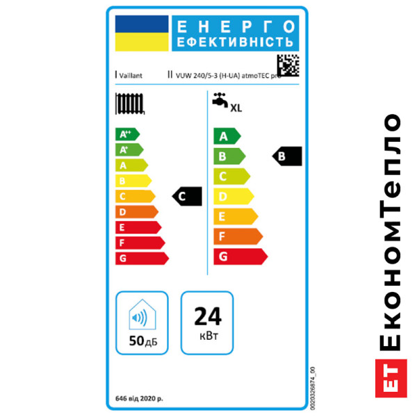 Клас енергоефективності газового котла Vaillant atmoTEC pro VUW 240/5-3